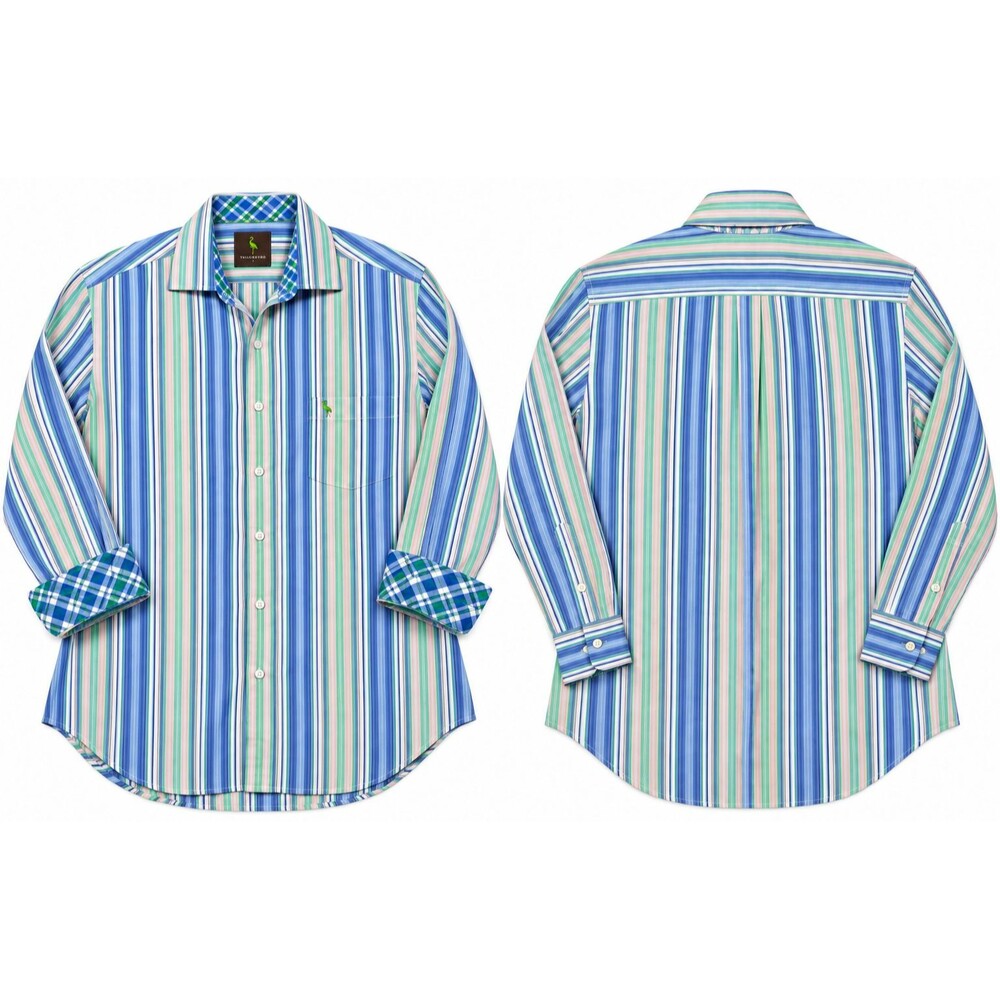 TailorByrd Mens Large Striped Cotton Shirt Blue Green Pink Contrast Flip Cuff